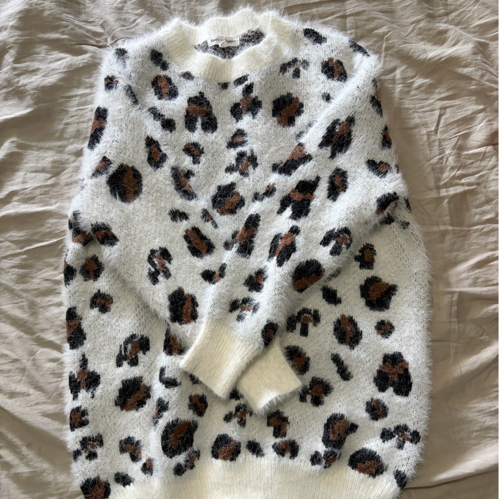 Cozy Leopard Print Fuzzy Sweater - Cream, Brown & Black